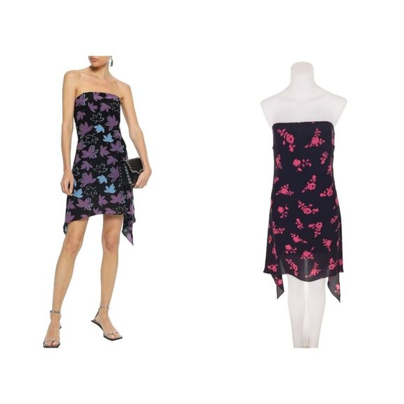 Versus Versace Strapless Floral-print Silk-crepe Mini Dress 46 US 10 Black Pink - Picture 2 of 15